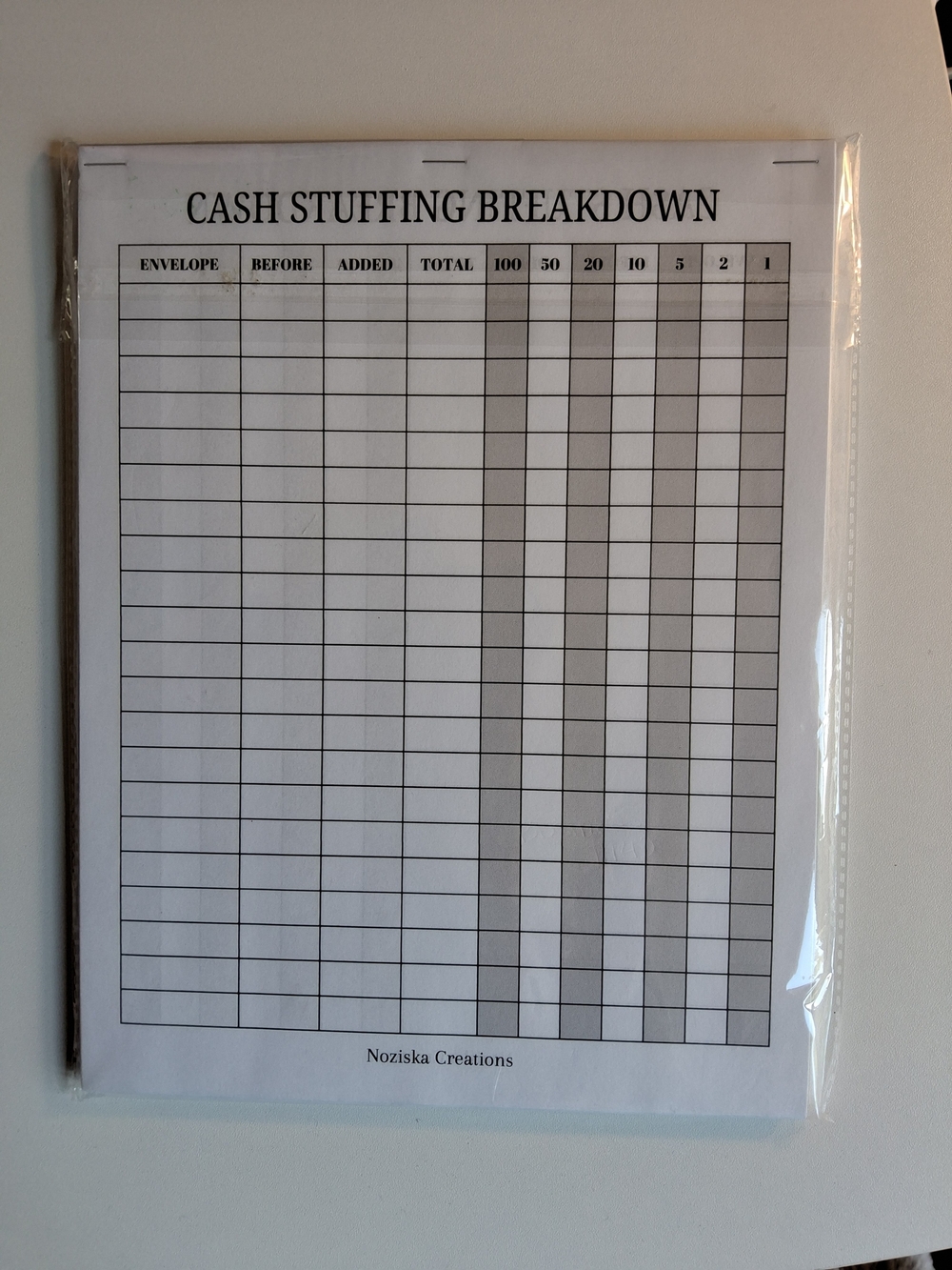 Noziskas Creations full size Cash Stuffing Breakdown notepad - White
